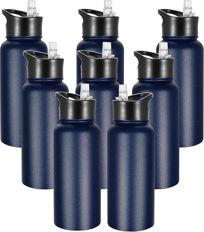 VEGOND 32 oz Insulated Water Bottle Bulk Stainless Steel Metal Water Bottles with Leak Proof Straw Lid & Spout Lid, Wide Mouth Double Walled Vacuum Travel Sports Bottle, 8 Pack