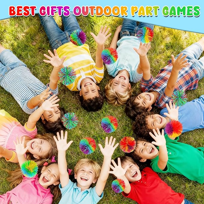 14PCS Stringy Balls, Sensory Stringy Ball, 2.75 inch Soft Rainbow Pom Bouncy, Stocking Stuffers for Kids, Monkey Pom Balls Fidget Toys Stress Ball, Birthday Gifts for Boys, Girls Ages 3+