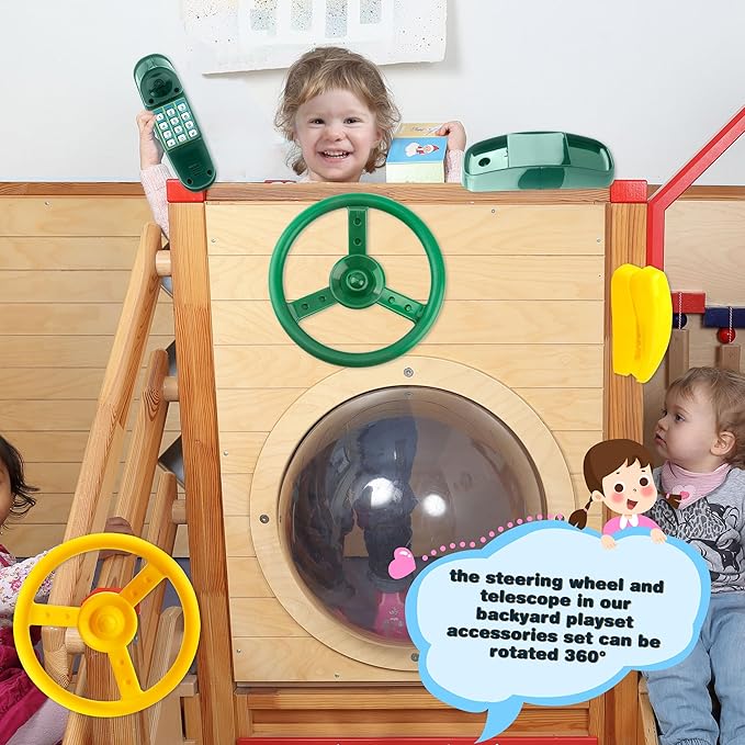 4 Pack Playground Accessories for Kids Outdoor Playground Steering Wheel Priate Ship Wheel Plastic Telephone Phone Toy Swing Set for Playground Backyard Playhouse Tree House (Green,Yellow)
