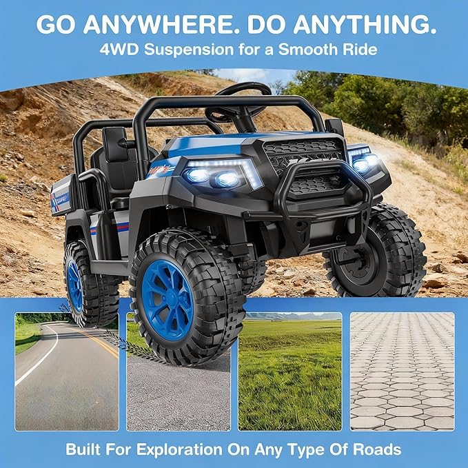 R8 Apex 2-Seater 24V Ride on Truck for Big Kids, 4WD Ride on Car w/Remote Control, Electric UTV Car, Pickup Trunk Bed, Extra Shovel, Battery Indication, 2 Speeds, Music, Wireless, LED Lights