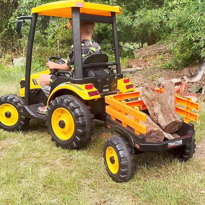 Kidsera 24V Ride on Tractor with Trailer, 4-Gearbox 24volt Dual Motors Metal Frame Battery Powered Electric Tractor Kids Electric Vehicles Power Wheels 24v Ride on Toys for Big Kids (Yellow)
