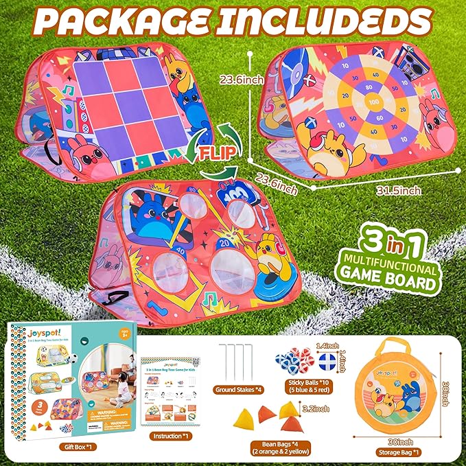 Giant 3 in 1 Bean Bag Toss Game for Kids, Toddler Outdoor Toss Toys for 2 3 4 5 6 7 8 Year Old Boys Girls, Family Party Supplies, Cornhole Party Carnival Games, Lawn Backyard Outside Birthday Gifts
