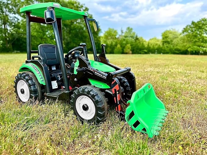 Kidsera 24V Ride on Tractor with Front Loader, Ride On Excavator with 24volt Dual Motors 4-Gearbox Metal Frame Kids Electric Vehicles 24V Power Wheels 24v Ride on Toys for Big Kids (Green)