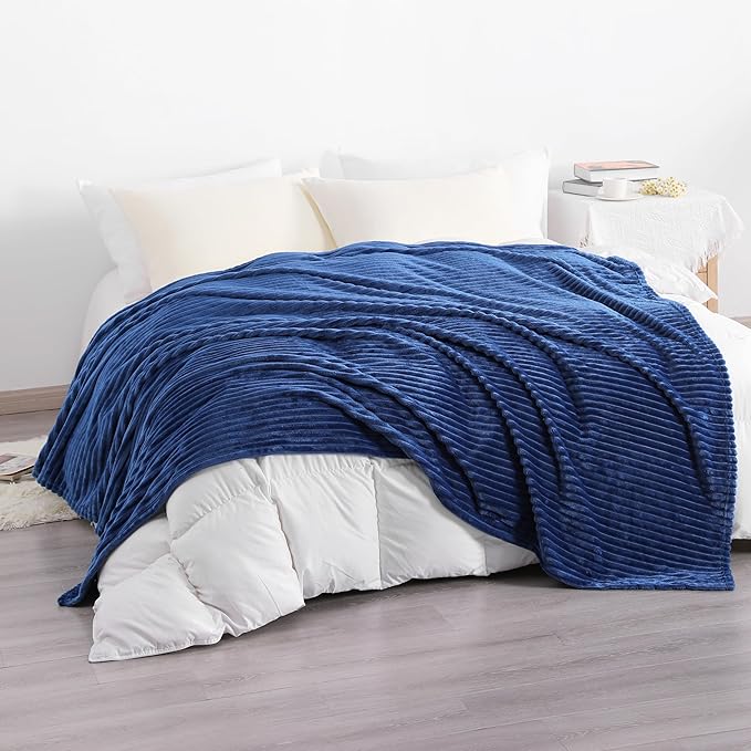NTBAY Plush Flannel Twin Bed Blanket, 60x80 Inches Soft and Warm Lightweight Bed Blanket with Striped Texture for Couch, Sofa, All Seasons, Navy Blue