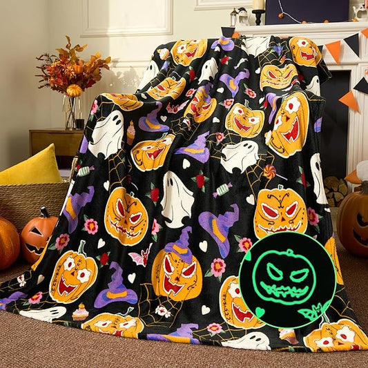 Joiedomi Halloween Blanket Soft Flannel Fleece Throw Blanket Glow in The Dark Halloween Pumpkin Ghost Bat for Kids Bed Living Room Gifts 50"×60"
