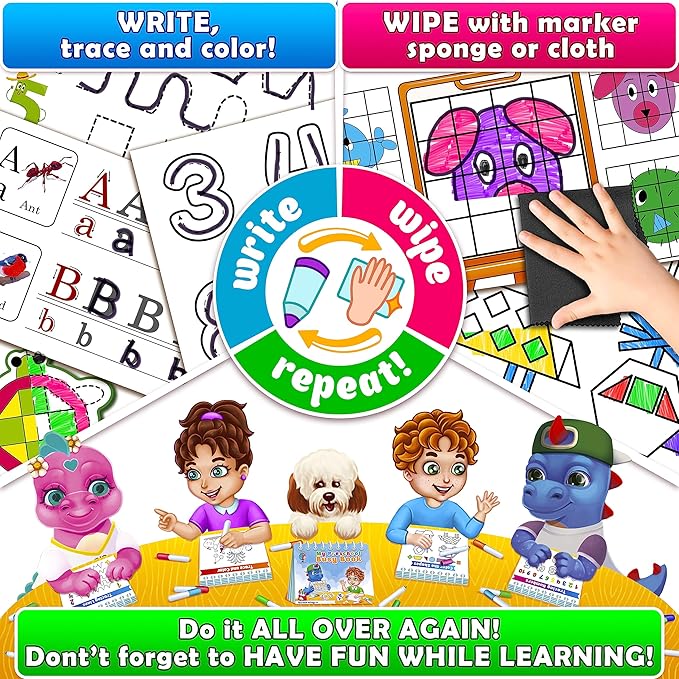 Curious 2 Learn Montessori Busy Book for Toddlers Ages 3-5 – Preassembled Preschool Learning Binder with 28 Activities, Travel Bag & 8 Markers – Educational Toy & Gift for 3 Year Old Boys (Blue)