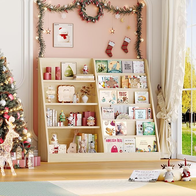 6 Tier Kids Bookshelf and Toy Storage Organizer, Child-Friendly Height & Stable Triangle Design, Toddler Book Shelf for Kids Room, Playroom, Bedroom, Classroom, Nursery, School, Natural