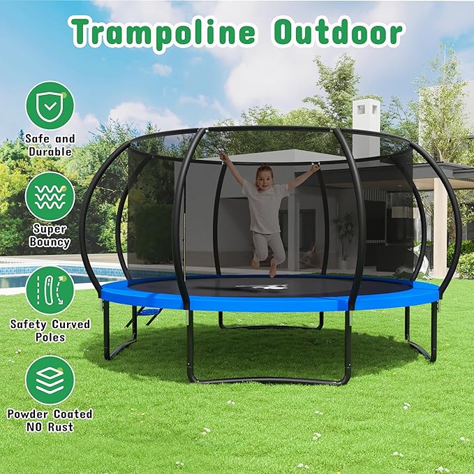 Polar Aurora 10FT 12FT 14FT 16FT Outdoor Trampoline with Safety Enclosure Net, Thickened Spring Pad，ASTM Approved Recreational Trampoline for Kids and Adults,Anti-Rust Coated Frame and Thickened Mat