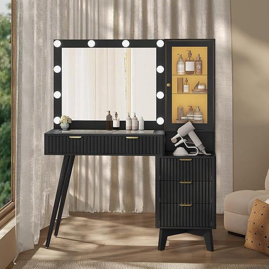 Makeup Vanity Desk with Mirror and Lights, 45" Fluted Wood Vanity Desk with Glass Top, 5 Drawers & RGB Glass Cabinet, Power Outlet, Mid Century Modern Dressing Table Set for Women Girls Bedroom