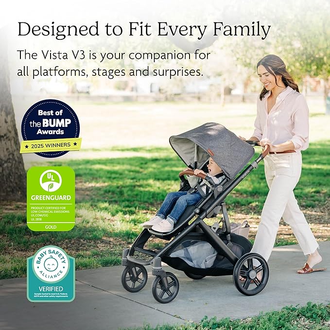 UPPAbaby Vista V3 Stroller - Full-Size Single-to-Double Stroller System - Toddler Seat, Bug Shield, Rain Shield, and Storage Bag Included - Theo (Dark Taupe/Silver Frame/Chestnut Leather)