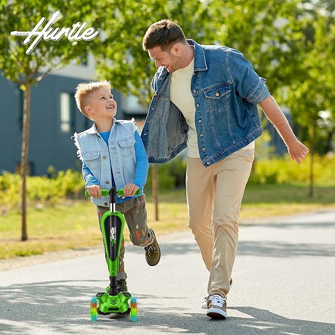 Hurtle 3-Wheeled Scooter for Kids - Wheel LED Lights, Adjustable Lean-to-Steer Handlebar, and Foldable Seat - Sit or Stand Ride with Brake for Boys and Girls Ages 1-14 Years Old