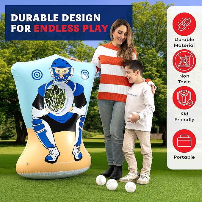 Inflatable Baseball Pitching Target for Kids, Double-Sided Outdoor & Indoor Baseball Training Toss Game, Includes 4 Balls, Air Pump, & Patch Kit