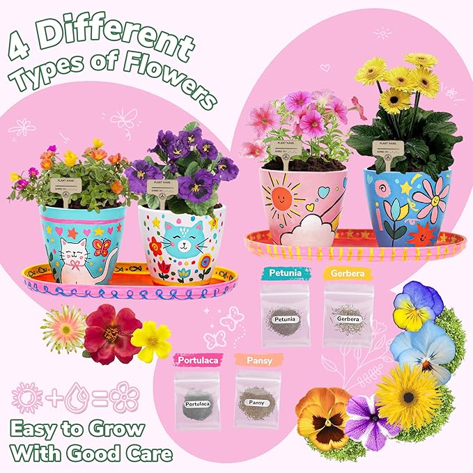 Paint & Plant Flower Gardening Kit with 4 Pots - Kids Gardening Set Ages 8-12, Spring Arts & Crafts Activities Kits, Educational Birthday/Easter Gifts for Boys & Girls Ages 5 6 7 9 10 11