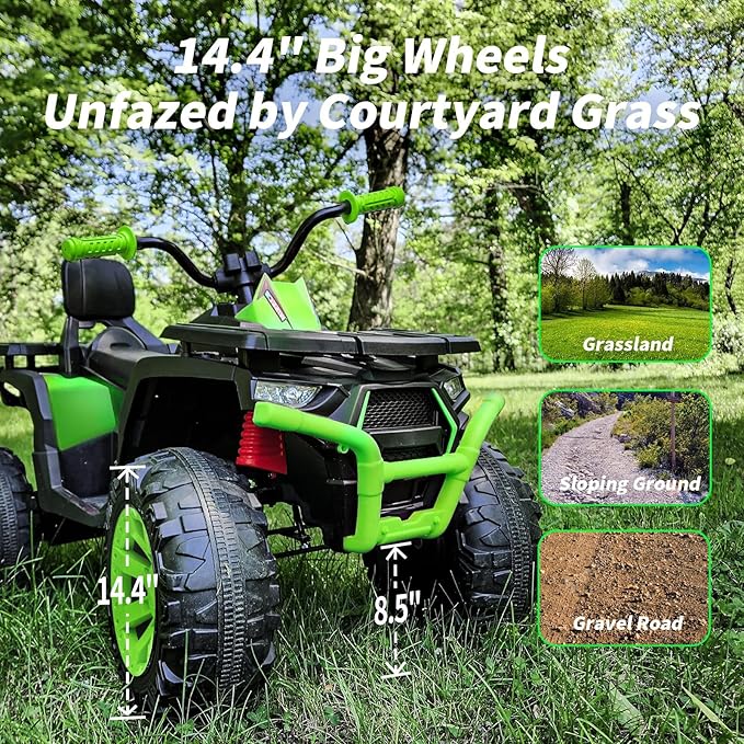 12V Kids 4 Wheeler ATV, 2-Seater Electric ATV Four Wheeler for Big Kids with Bluetooth, 14.4" Big Wheels - Green