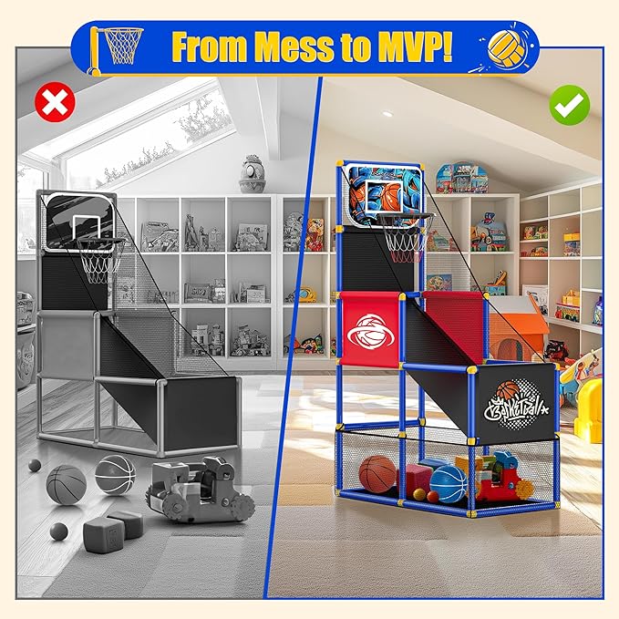 Adjustable Basketball Hoop for Kids Toddler Ages 3-8, Side-Mount & Top-Mount, Indoor Outdoor Carnival Games Competitions, Gift Boys & Girls Beg for, Rain or Shine, The Game Never Stops