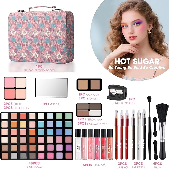Hot Sugar Makeup Kit for Teenager Girls 10-12, All in One Beginner Makeup Kit for Women Full Kit, Teen makeup kit Cosmetic Gift Set on Birthday Christmas (Peacock)