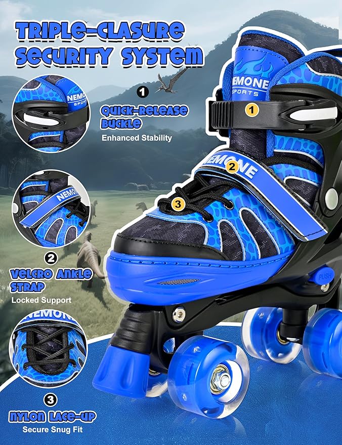 NEMONE Roller Skates for Boys Kids Ages 4-6 5-8 6-12 8-12 with 4 Sizes Adjustable Light up Wheels, Todder Beginner Rollerskates Indoor Outdoor Sports