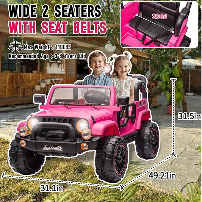 24V XL Kids Electric Ride on Truck Car 2 Seater Remote Control for Toddlers 2-8, 160W 2 Motors 5MPH Max Speed, Bluetooth USB Music Player, LED Lights Safety Belt, Gift for Boys Girls, Pink