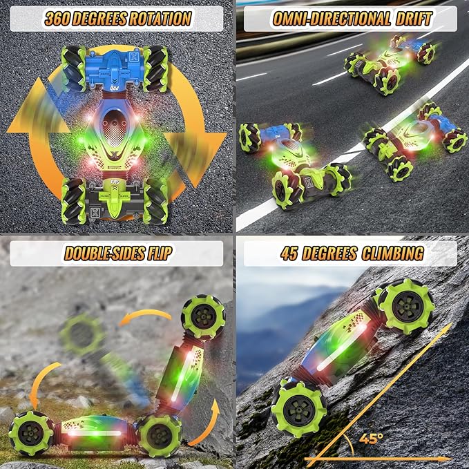 Pristar Gesture Sensing RC Stunt Car, RC Cars Toys for Boys Girls 6-12, 2.4Ghz 4WD Remote Control Car with Lights Music Double Sided Flip 360° Rotate Off-Road, Birthday Xmas Gifts for Kids Age 6-12