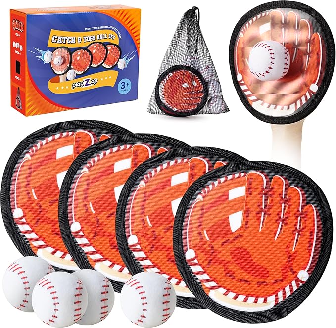 Playzap Toss and Catch Ball Set Ultra Soft Fabric Pain-Free - Family Games Christmas Stocking Stuffers Gift for Toddlers Kids Boys Girls 2-4 5-7 8-10 Yrs - Baseball Glove Toy Indoor Outdoor Yard Beach