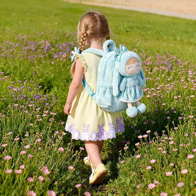 Gloveleya Back to School Gifts for Girls Toddler Backpack Kids Backpack Baby Girl Gift Plush Bag with Pure Blue Rabbit Doll Aged 2+