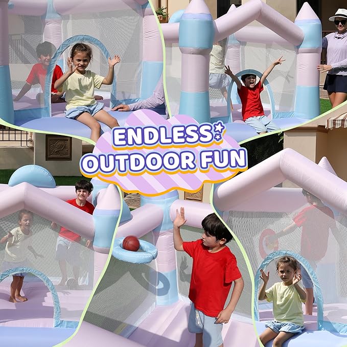 Bounce House Inflatable Bouncer with Blower, Colorful Bouncy Castle with Basketball Hoop and Sticky Ball Game for Kids 3-8