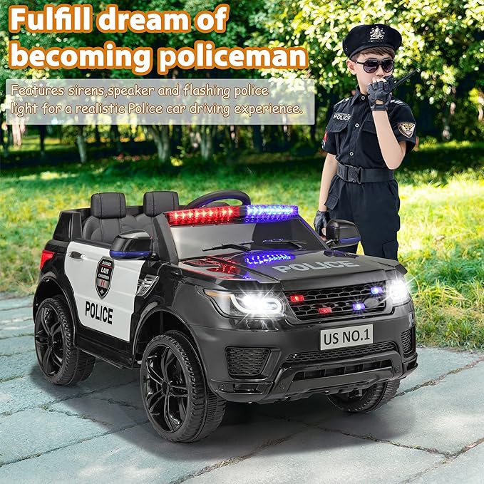 TOBBI Police Car Ride on Electric Car for Kids to Drive Battery Powered Ride-on Toys Cop Cars with Remote Control, Siren, Flashing Lights, Music, Spring Suspension, Carbon Black