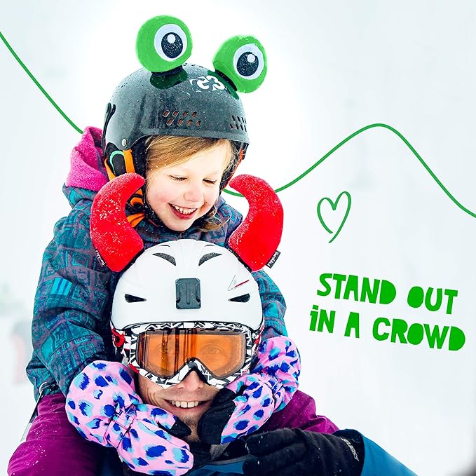 Frog Helmet Accessories w/Sticky Hook & Loop Fastener Adhesive (Helmet not Included), Fun Helmet Eyes/Ears/Cover for Snowboarding, Skiing, Biking, Cycling, Skating for Kids and Adults