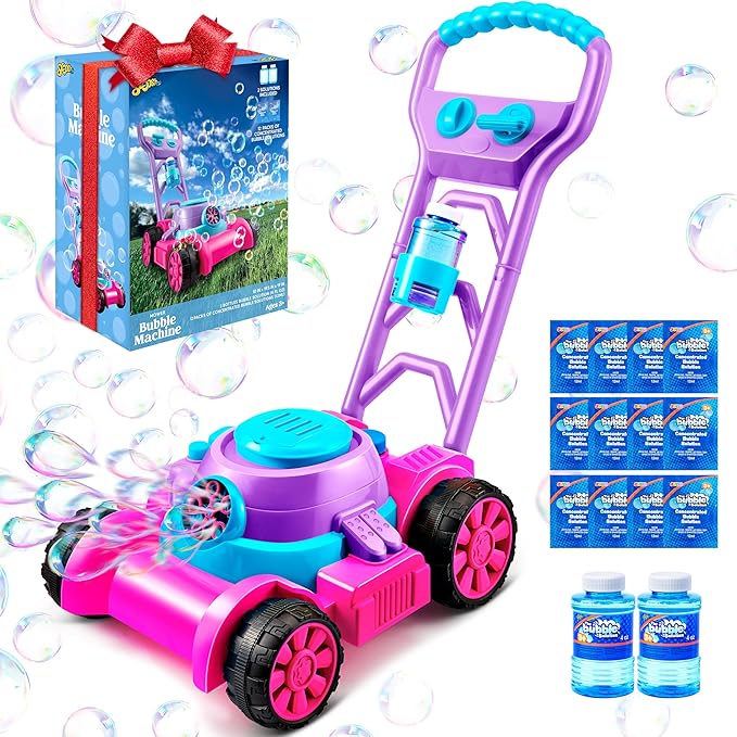 SLOOSH Bubble Lawn Mower Toddler Toys - Spill-Proof Bubble Machine Pretend and Play Toy for Toddler Age 1 2 3 1-3 Year Old Indoor Outdoor Use, Push Toys Baby Girl Xmas Christmas Birthday Gifts (Pink)