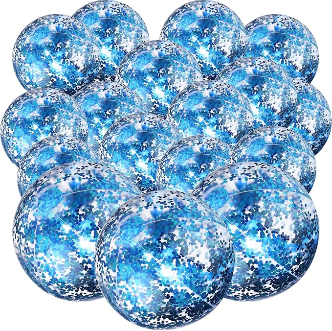 Chivao 18 Pcs Sequins Beach Ball 24 Inch 16 Inch Clear Inflatable Glitter Summer Swimming Pool Balls Wedding Outdoor Floatable Decor Confetti Decor for Beach Party(Blue)