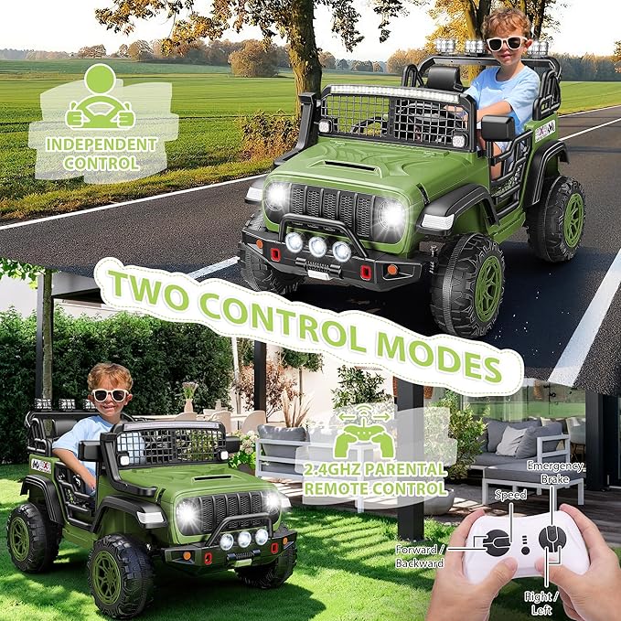 Hikole 24V 2 Seater Electric Ride on Toys Car for Kids 4-8, Remote Control, 2X200W Powered Wheels, 20'' Wide Seats, Sping Suspension, Bluetooth & Music, 110LBS MAX Load, LED Lights, 3 Speeds, Green
