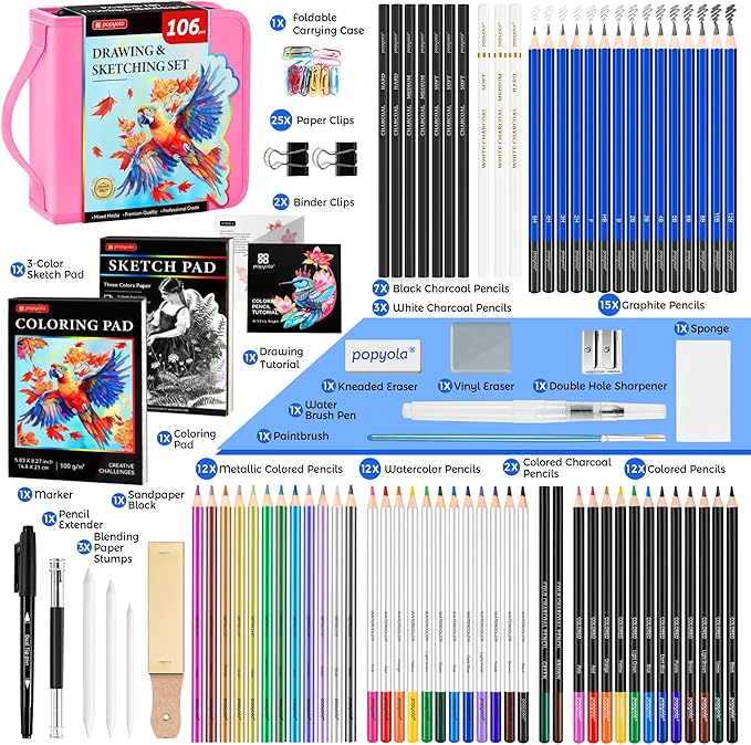 106 Pack Drawing Set Sketching Kit, Pro Art Supplies with 3-Color Sketchbook, Coloring Book, Graphite Colored Charcoal Watercolor & Metallic Pencils, Drawing Supplies Gift Case for Artists Adults Kids