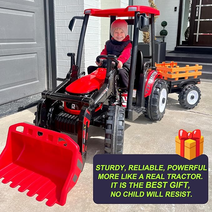 Kidsera 24V Kids Ride on Tractor with Trailer & Front Loader, 3 In1 Tractor 4-Gearbox 24volt Dual Motors Metal Frame, 24V Ride on Toys for Big Kids, Power Wheels Kids Electric Vehicles (Red)