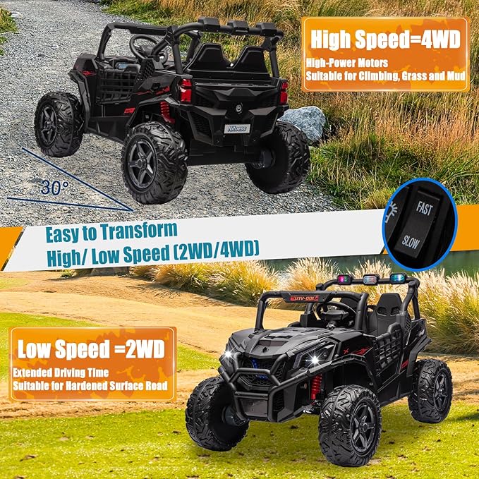 24V 2-Seater Off-Road UTV for Kids, Ride On Car with Remote Control, Kids Electric Vehicle with Music, Bluetooth, Key Start, 4WD Ride On UTV for Boys Girls, Black