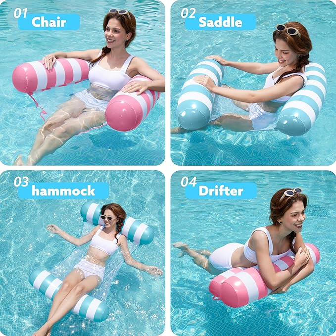 SLOOSH 2 Packs Hammock Pool Floats Adults, 4-in-1 Multi-Purpose Inflatable Pool Floats PVC Water Hammock Lounge Floaties