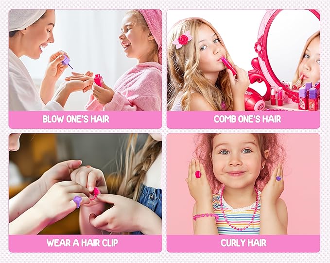 Toddler Vanity Makeup Table Toy with Mirror&Chair，Kids Vanity Set with Light&Music、Pretend Play Makeup Accessories with Hair Dryer Toy，Gift for Girls and Toddlers2 3 4 5 6Years Old