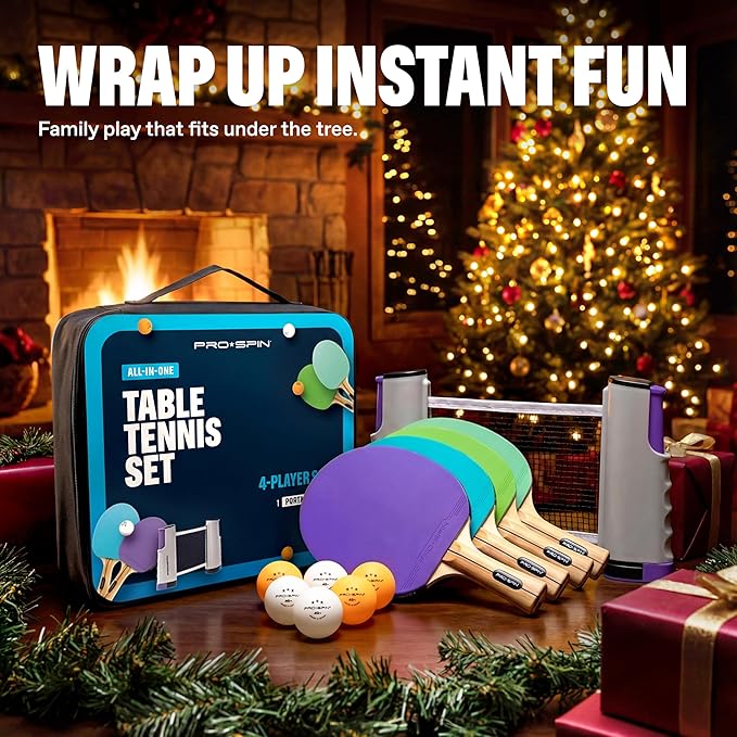 PRO-SPIN Portable Ping Pong Set with Retractable Ping Pong Net for Any Table, All-in-One Table Tennis Set with Ping Pong Paddles, Balls & Case, Table Top Family Game