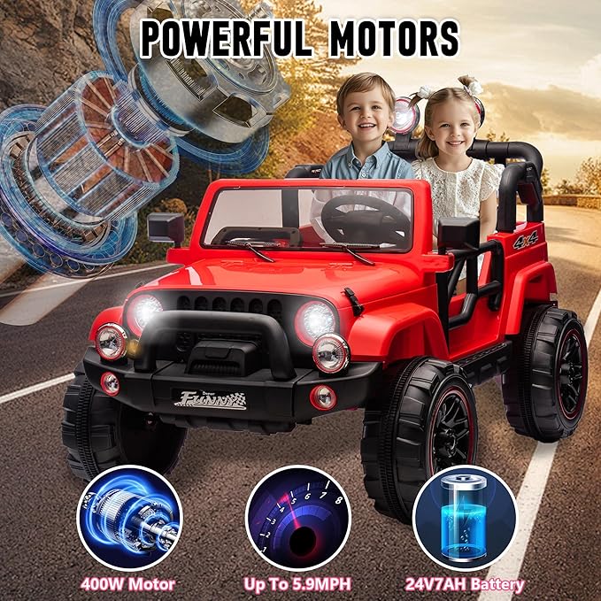 24V XL Kids Electric Ride on Truck Car 2 Seater Remote Control for Toddlers 2-8, 160W 2 Motors 5MPH Max Speed, Bluetooth USB Music Player, LED Lights Safety Belt, Gift for Boys Girls, Red