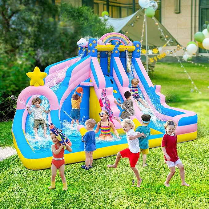 TOAOB Inflatable Water Slide: 6 in 1 Bounce House Water Park for Kids - Climbing Wall Splash Pool 2 Water Cannon 2 Slide Basketball Rim - 550W Blower - for Outdoor Backyard Birthday Party