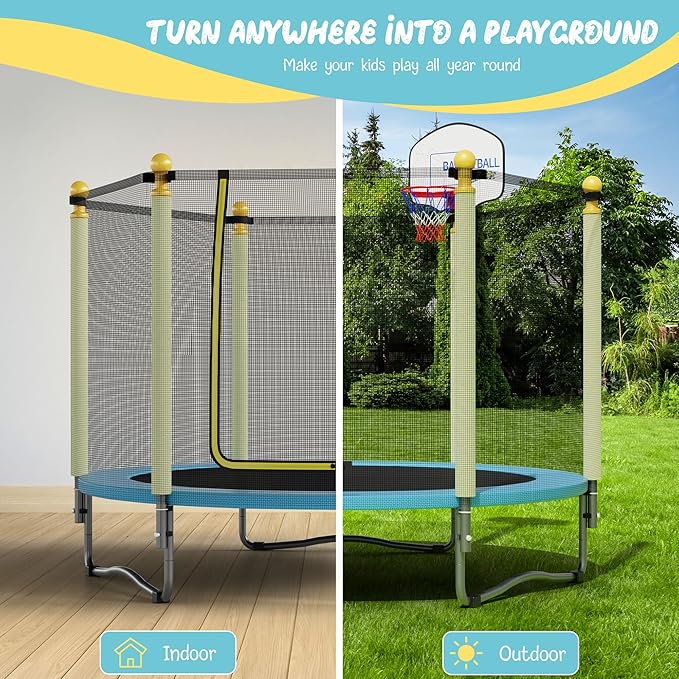 60" Trampoline for Kids, Indoor & Outdoor Trampoline with Net, Basketball Hoop Birthday Gifts for Boys & Girls, Baby Toddler Christmas Toys/Green