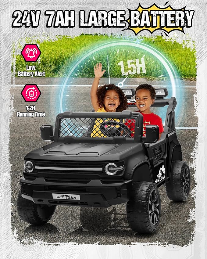 24V Ride on Toys for Big Kids, 2 Seater Electric Car w/22'' Large Seat, Remote Control, Shovel, 4X200W Engines, 4WD/2WD Switchable, Truck Bed Storage, Ride On Truck Toy for Boy Girl, Black
