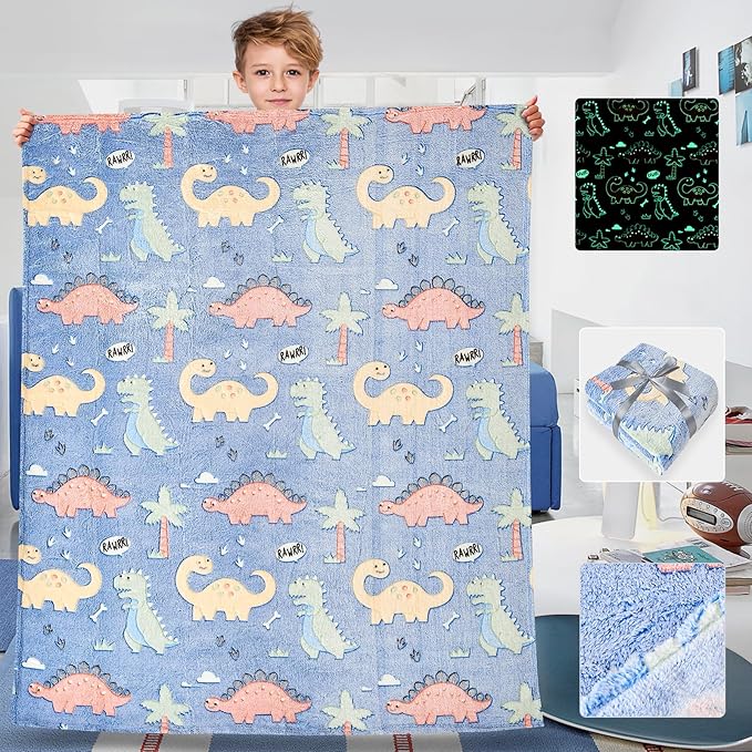 Wajade Dino Gifts Toys for Boys Girls - Glow in The Dark Dinosaur Blanket Birthday Christmas Decor for Kids Age 3 4 5 6 7 8 9 10 11 12 Years Old Teens Child Toddler Throw Colorful 60"x80"