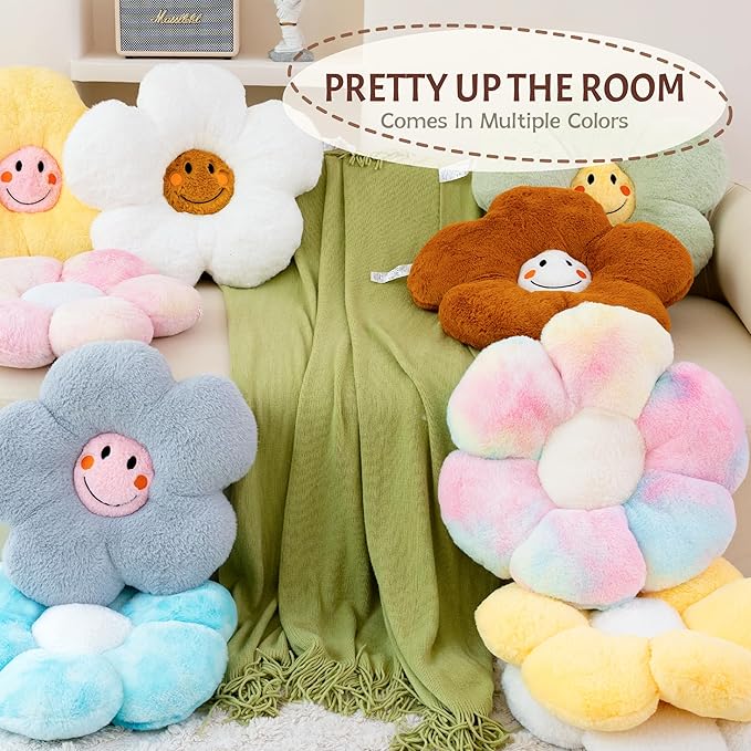 18” Yellow Flower Pillow Flower Shaped Throw Pillow Colorful Smile Daisy Flower Pillows Seating Cushions for Adults Kids Throw Pillows Couch Decor