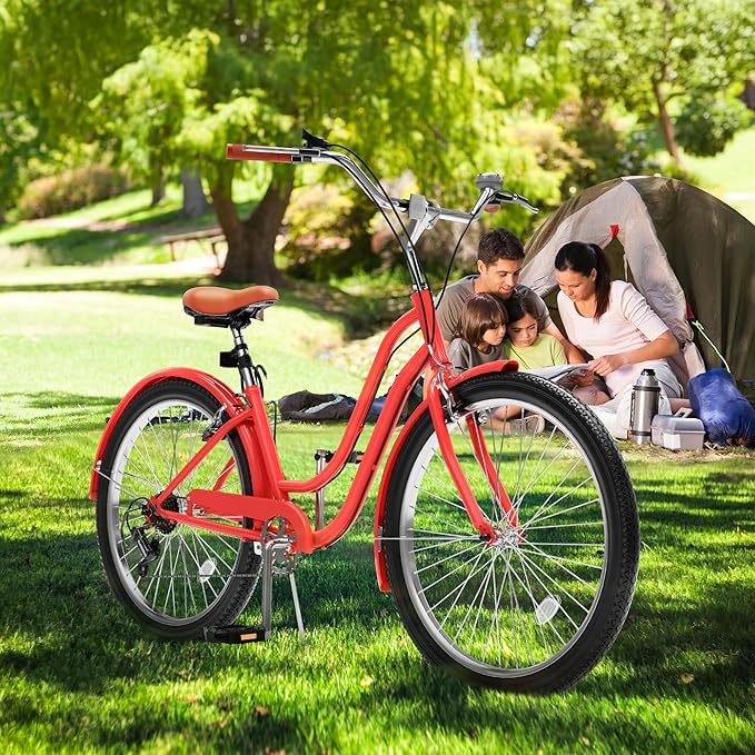 YITAHOME 24 & 26 Inch Beach Cruiser Bike, 7 Speed & Single Speed Commute Bike, Step-Through Bicycle for Adult Women & Men, Steel Frame Cruiser Bike with Full Front & Rear Fenders