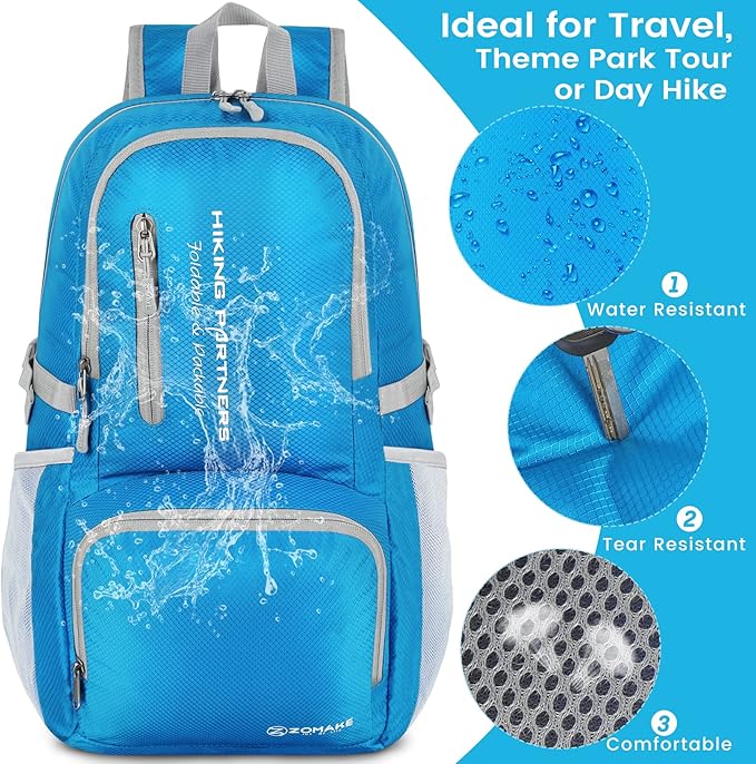 ZOMAKE Lightweight Packable Backpack, 35L Light Foldable Hiking Backpacks Water Resistant Collapsible Daypack for Travel(Light Blue)