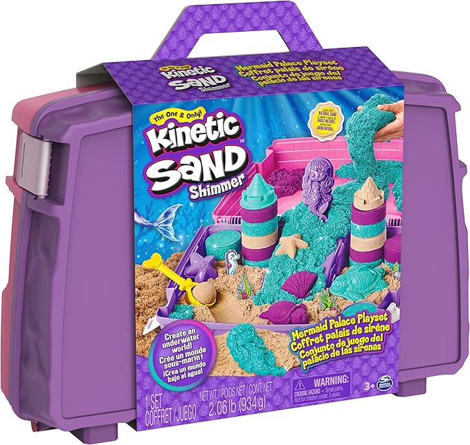 Kinetic Sand, Mermaid Palace Playset Folding Sandbox with 2.06lbs Play Sand (Neon Purple, Shimmer Teal & Beach), Tools, Sensory Toys, Holiday Gifts & Stocking Stuffers for Kids Ages 3 and up