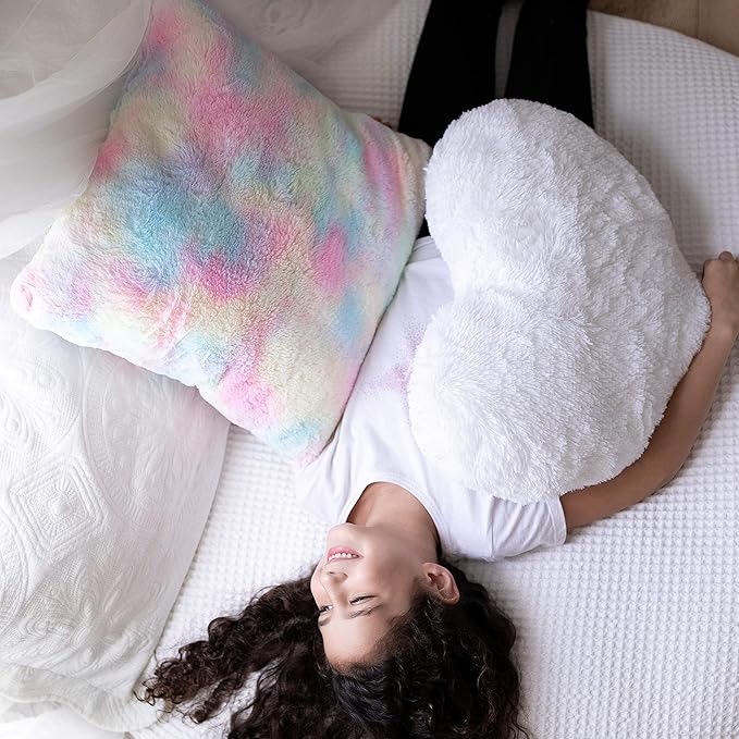 PERFECTTO Set of 2 Decorative Throw Pillows for Girls. White Fluffy Heart and Soft Rainbow Pillow. Plush Pillows for Kid’s Bedroom Décor Toddlers Princess Room, Fun and Cozy for Teepee Tent