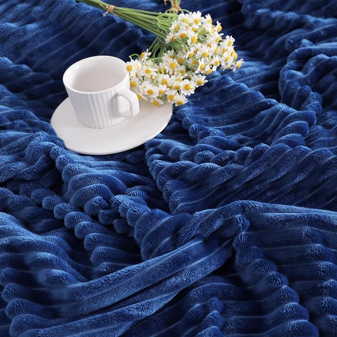 NTBAY Plush Flannel Twin Bed Blanket, 60x80 Inches Soft and Warm Lightweight Bed Blanket with Striped Texture for Couch, Sofa, All Seasons, Navy Blue