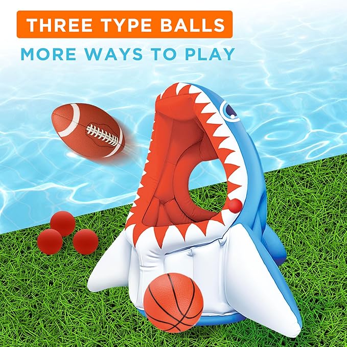 Pool Wave Kids Shark Pool Toy, 3-in-1 Inflatable Float Water Game Basketball Football Head Hoop Toss, Toddler Outdoor Summer Swimming Floating, Cool Family Party Gift Age 3 4 5 6 7 8 Year Old Boy Girl