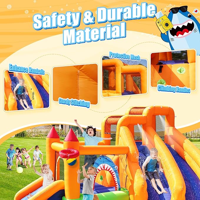 Inflatable Bounce House, Triple Water Slide for Kids with Double Cannon, Climbing Wall, Jumping, Splash Pool, Basketball Hoop for Outdoor Backyard Party, 10 in 1 Giant Castle Included 550W Air Blower